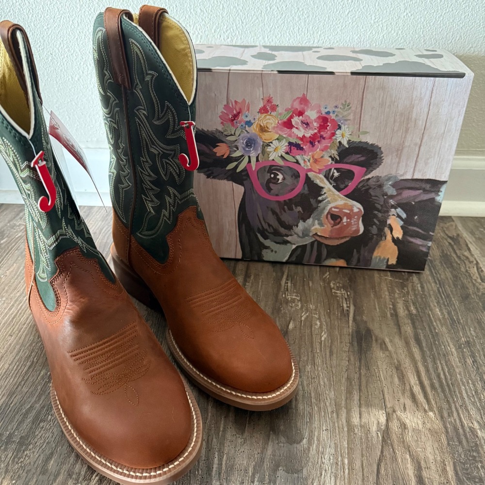 Justin Mens Western Brown Green Leather Western Cowboy Equestrain Boots 11EE